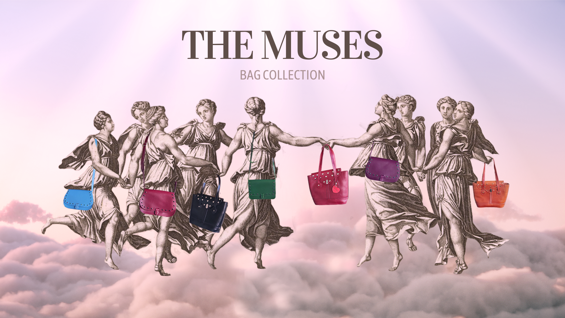 handmade leather bags in vivid colors displayed with dancing muses